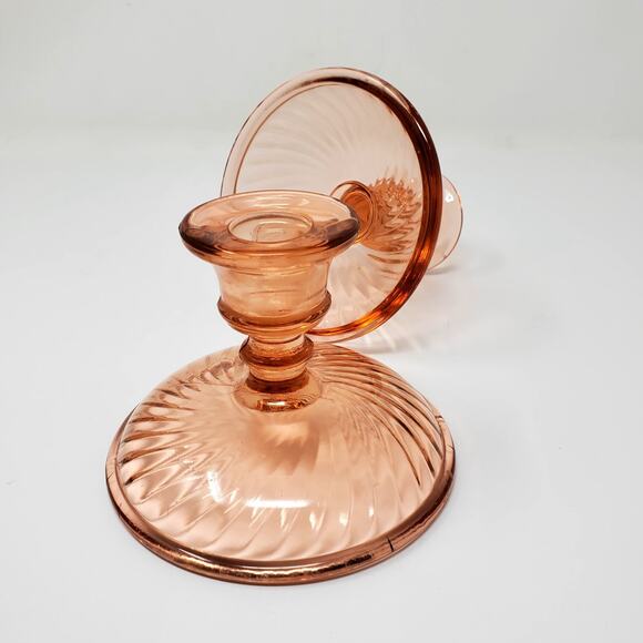 Vtg Pink Heavy Depression Glass Candlestick Holder Swirl Pattern Set of 2 - Picture 7 of 7